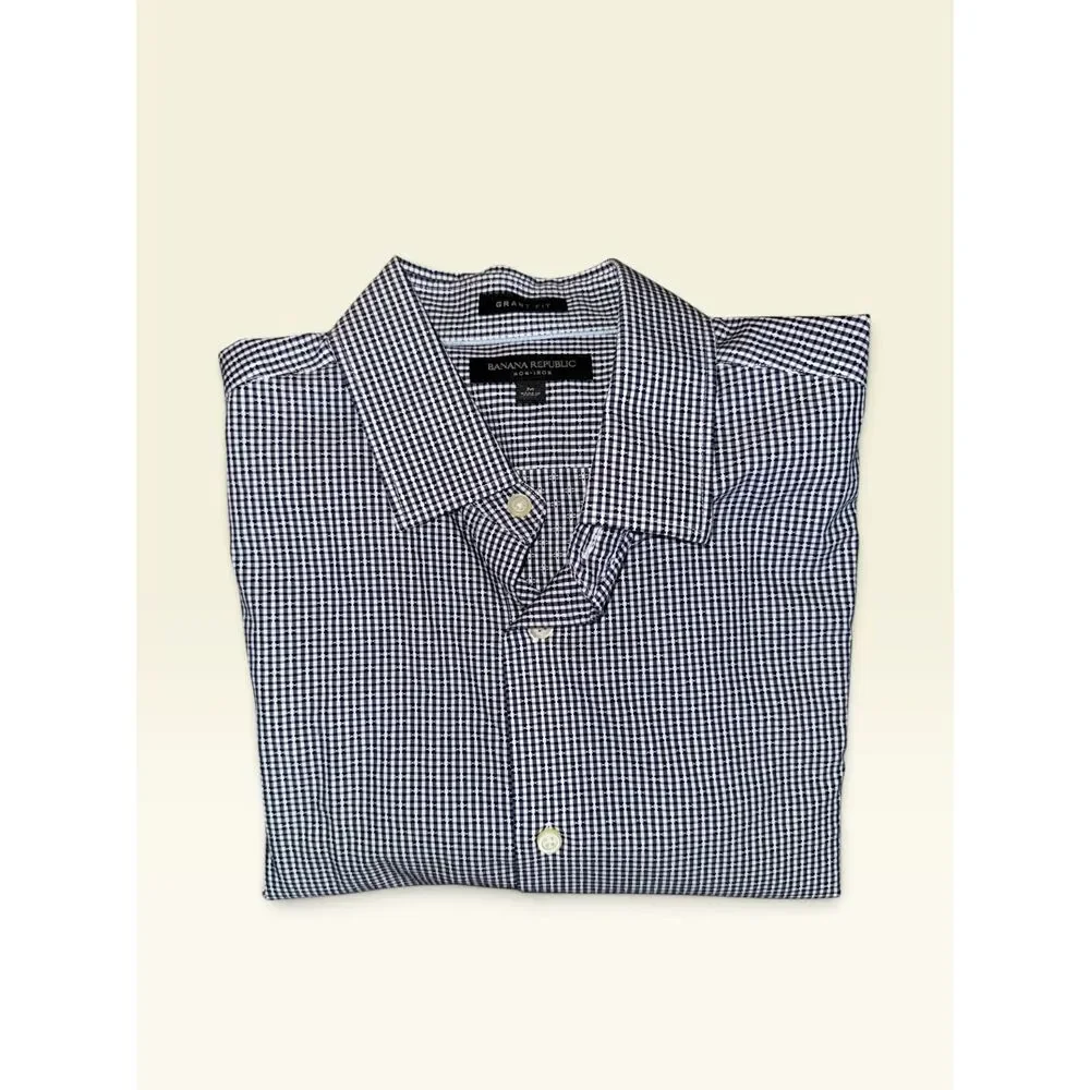 Banana Republic Grant Fit Non-Iron Blue Gingham Dress Shirt M 15-15.5